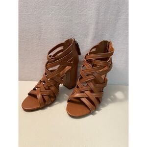 ASH Excelsior leather 38 tan Strappy 4” chunky Heeled Sandals‎ women’s 7.5